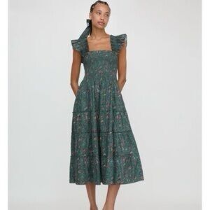 Hill House Ellie Nap in Fleur Chintz Bottle Green Smocked Midi Dress Size XS NWT